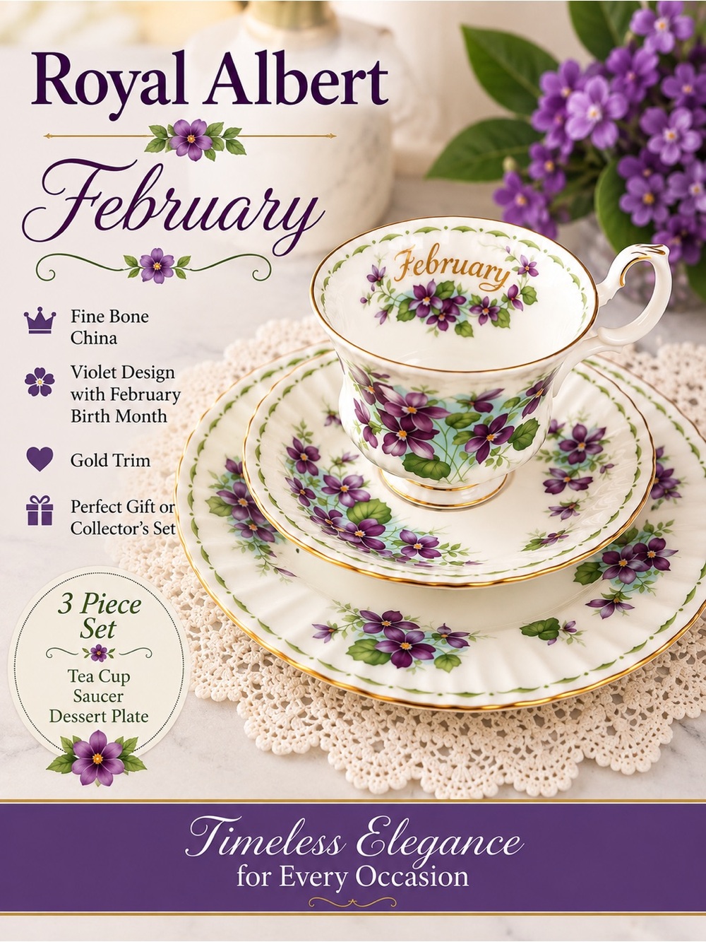 Royal Albert February “Violets” | Flower of the Month 3-Piece Tea Set